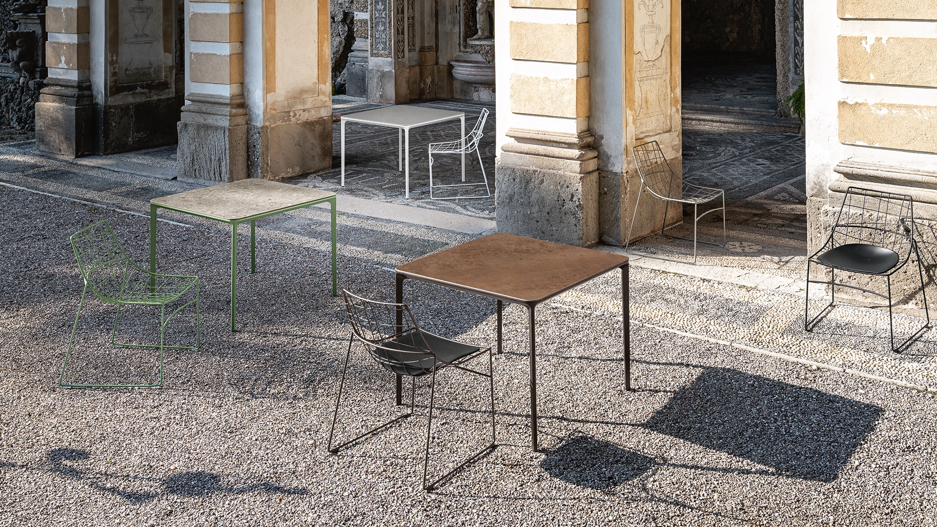 Slim outdoor dining table and Keyah chairs