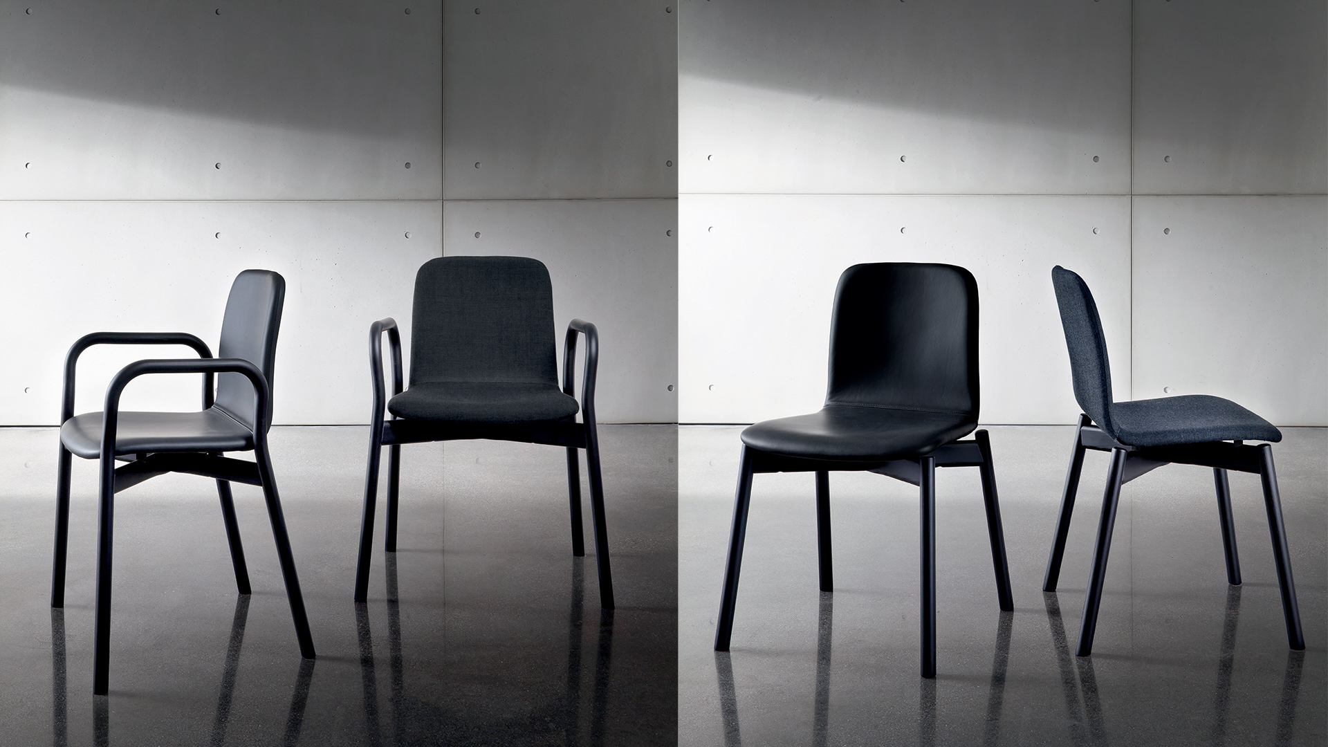 Due sedie con struttura in frassino tinto nero rivestito in pelle nera e due sedie rivestite in tessuto nero